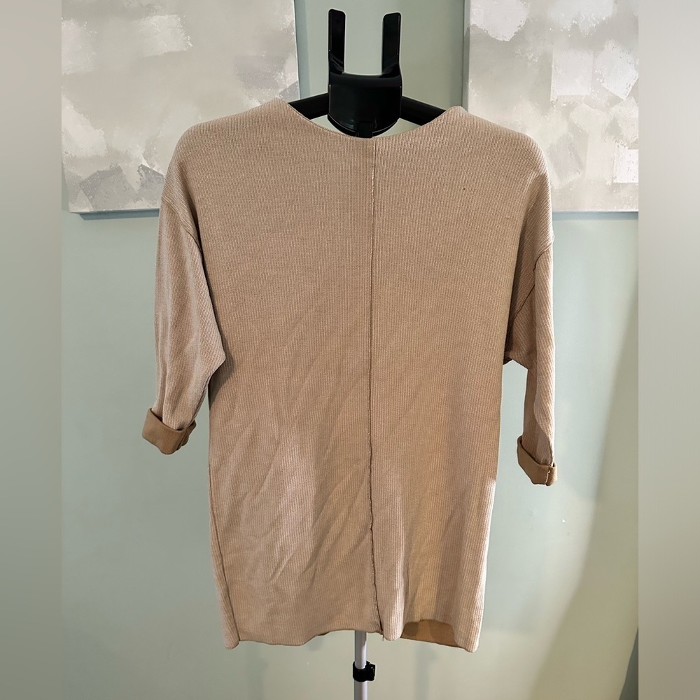 ZARA LIGHT BROWN TOP WITH ROLLED SLEEVE DETAIL